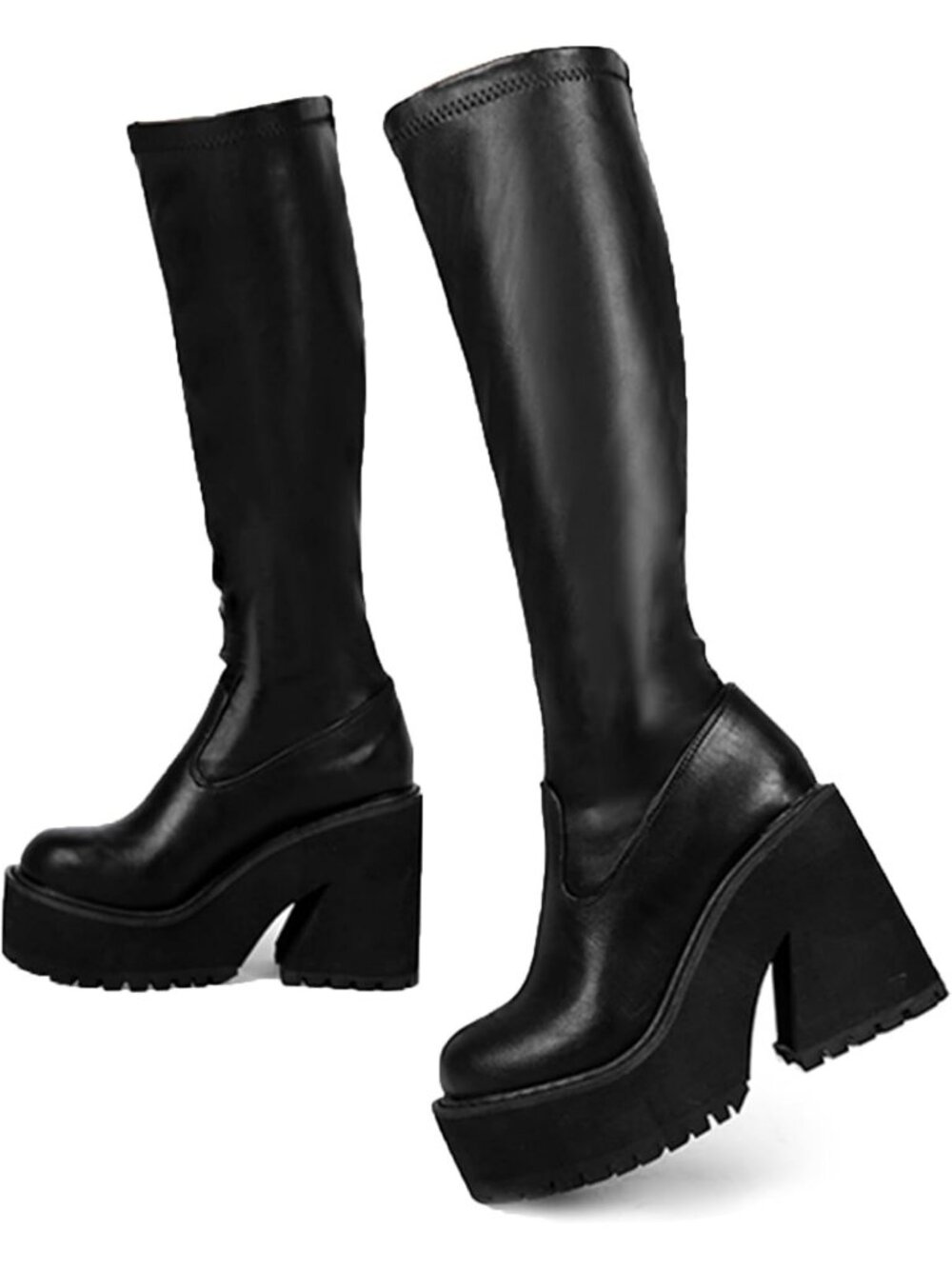Women's Black Faux Leather Knee High Chunky Heel Sock Round Toe Zipper Boots